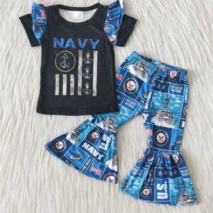 Navy Ruffle Sleeve Top & Nautical Flare Pants Set - Blue & Black